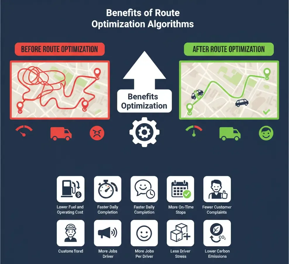 Visual comparison of chaotic and optimized routes with icons showing key benefits